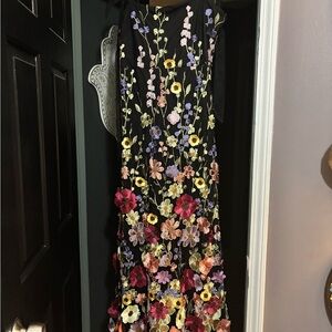 lulus Thriving poise black 3D floral embroidered Tie strap maxi dress.